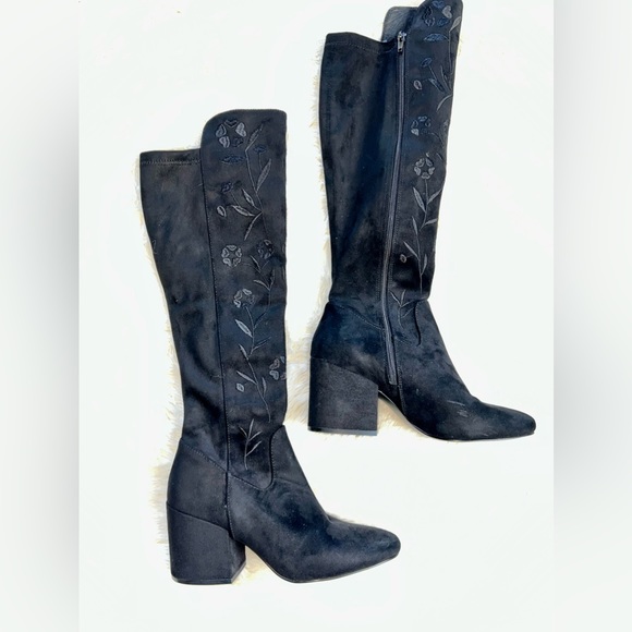 CAFE NOIR Embroidered Knee High Women’s Black Suede Boots, Italian Made EU37 US7 - Picture 2 of 8